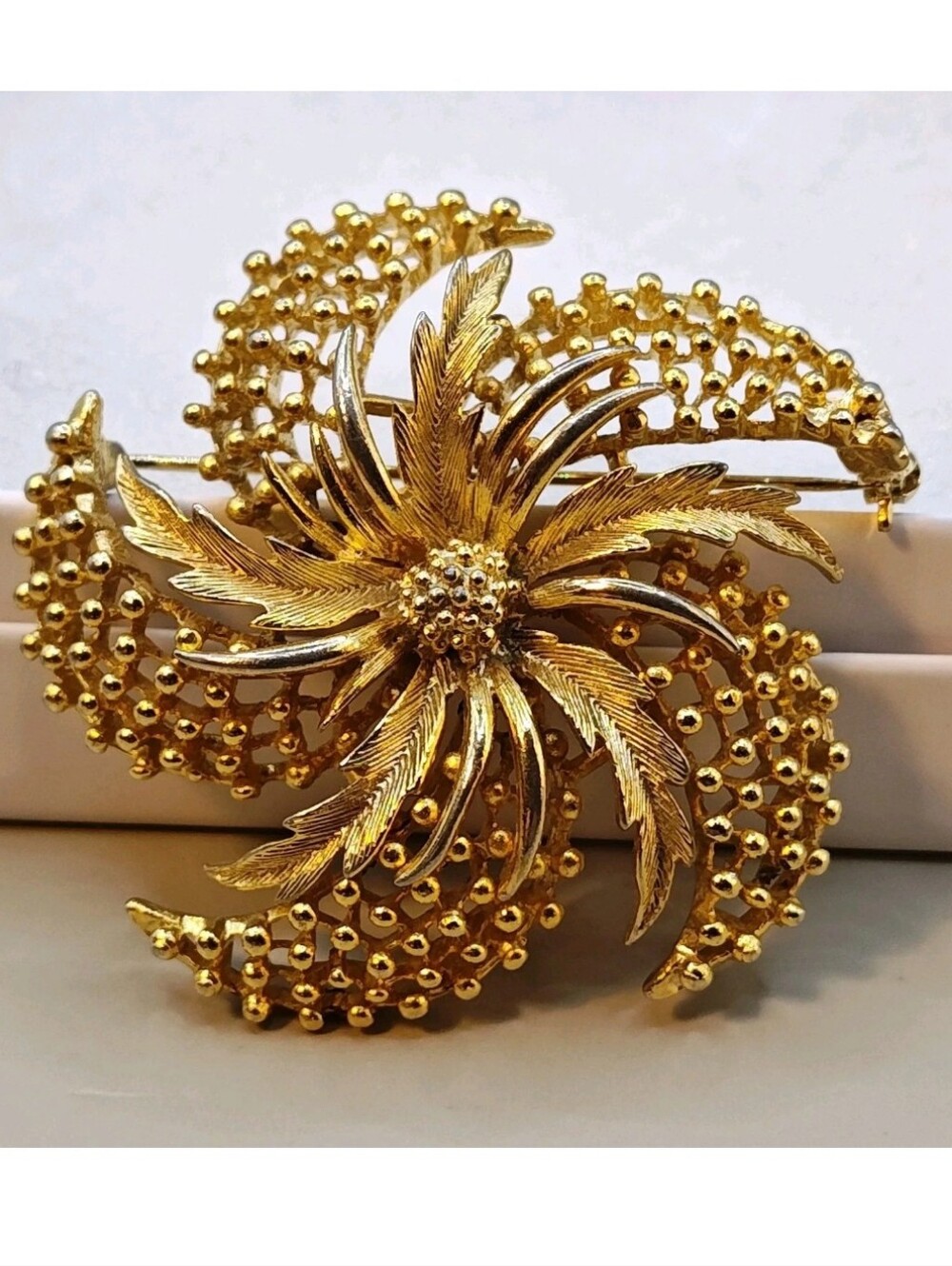 Vtg MCM Lisner Pinwheel Flower Statement Brooch Gold Tone Beaded Shimmery Leaves